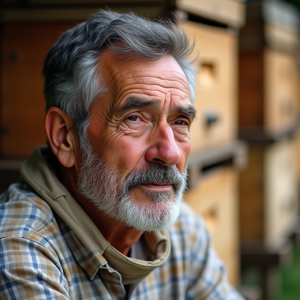Portret al unui apicultor experimentat, în fața unui rând de stupi tradiționali