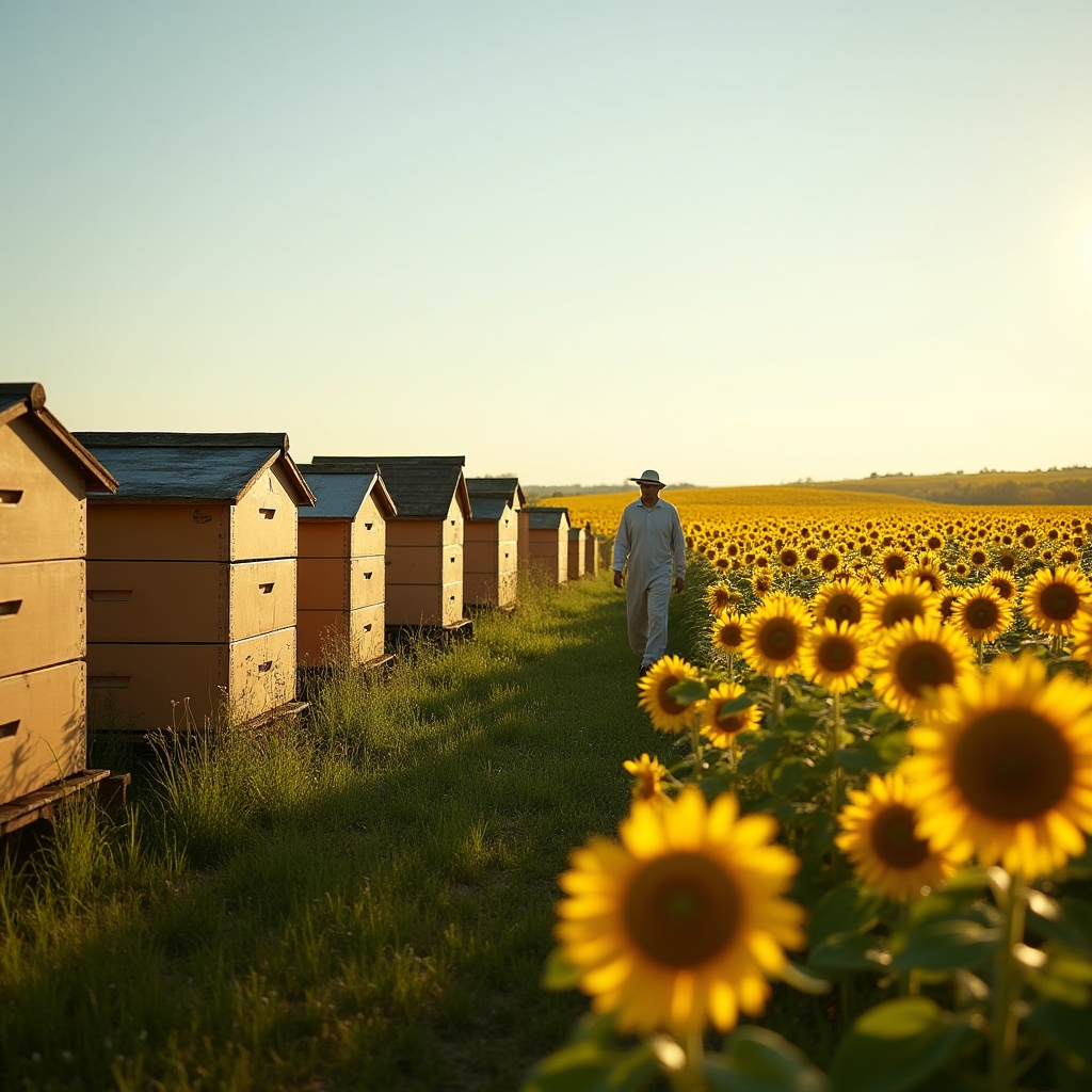 Stupi amplasați la marginea unui lan de floarea-soarelui în plină floare